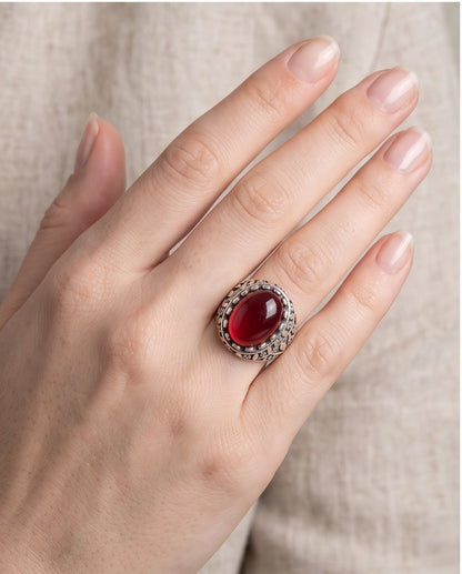 Crimson Red Oval Cabochon Ornate Leaf Scrollwork Silver Ring