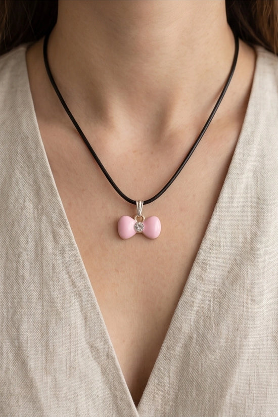 Charming Pink Bowknot Enamel Pendant Necklace with Crystal Center