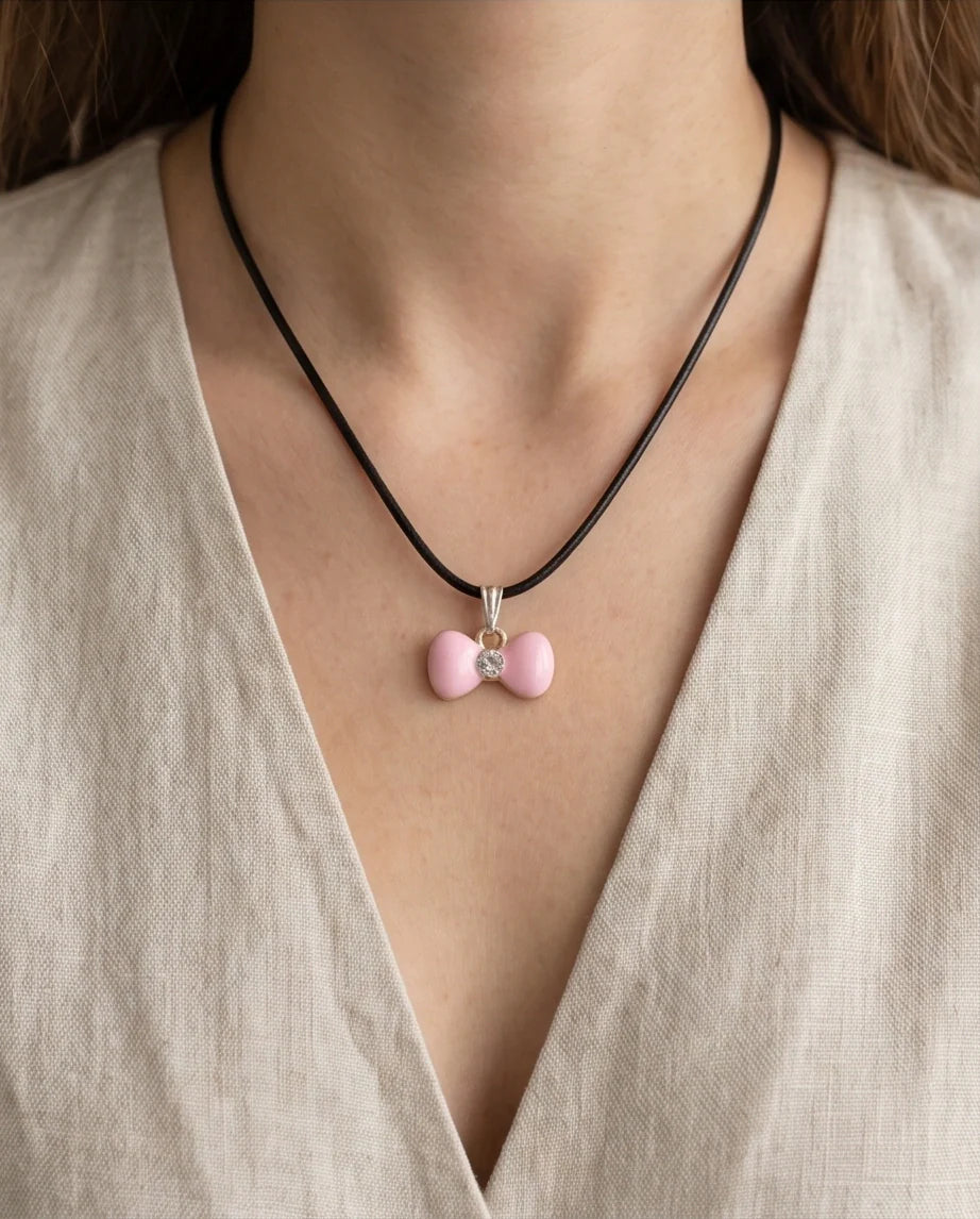 Charming Pink Bowknot Enamel Pendant Necklace with Crystal Center