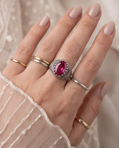 Magenta Oval-Cut Gemstone Ornate Filigree Silver Ring