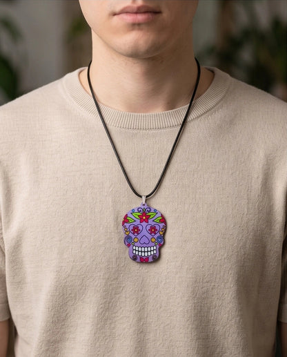Vibrant Purple Sugar Skull Día de los Muertos Pendant Necklace