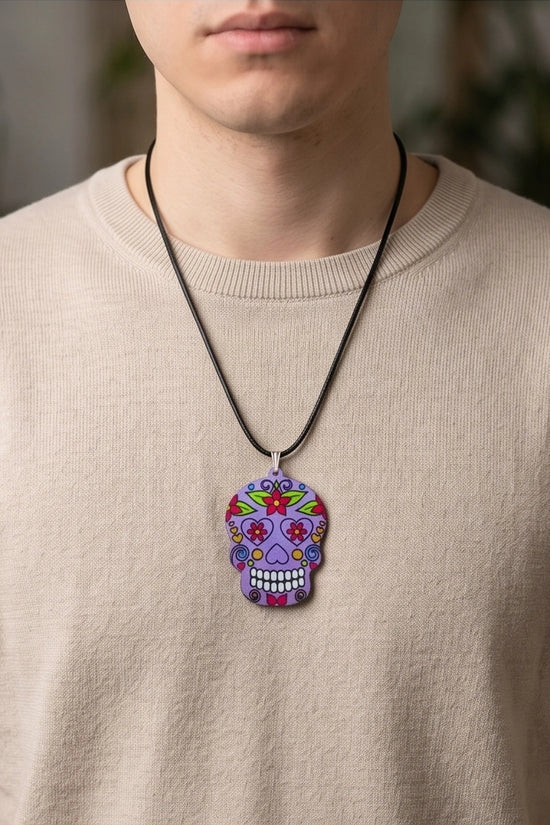 Vibrant Purple Sugar Skull Día de los Muertos Pendant Necklace
