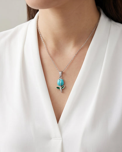Silver Light Blue Enamel Tulip Pendant Necklace