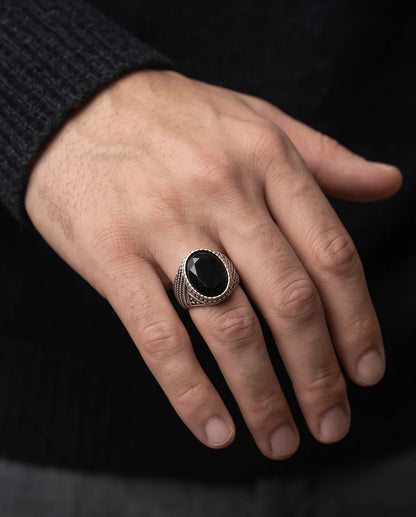 Black Gemstone Double-Tier Bezel Ribbed Silver Ring