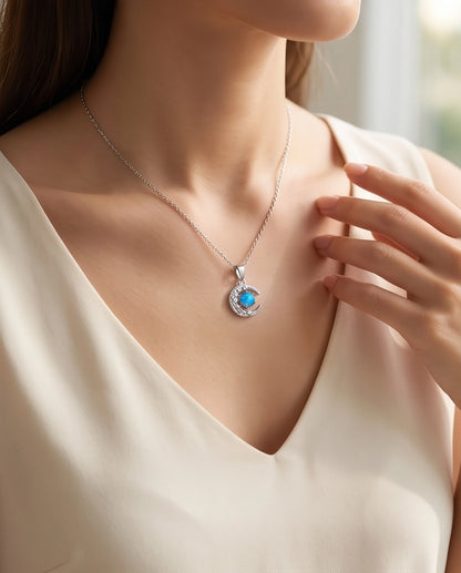 Silver Hammered Crescent Moon Galaxy Stone Pendant Necklace