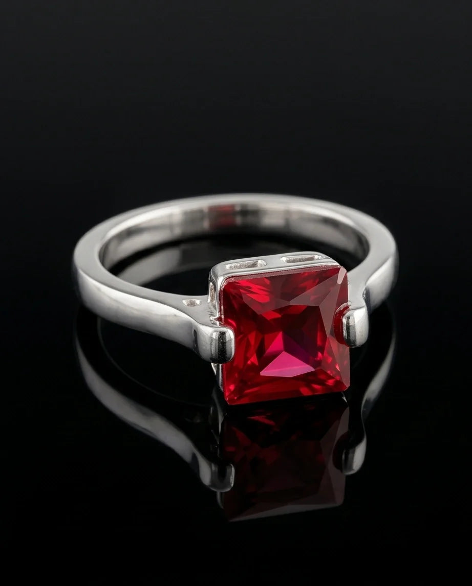 Sterling Silver Princess-Cut Red Ruby Solitaire Ring