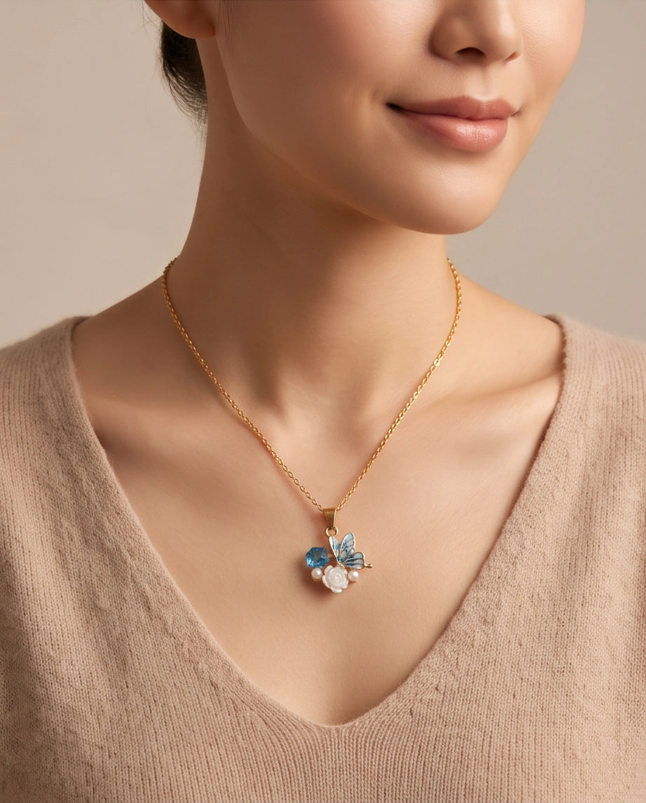 Gold Blue Enamel Butterfly & Pearl Rose Cluster Pendant Necklace