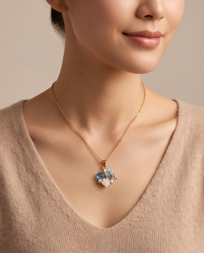 Gold Blue Enamel Butterfly & Pearl Rose Cluster Pendant Necklace
