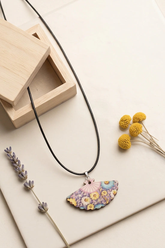 Vintage Blue & Yellow Floral Hand-Fan Pendant Necklace