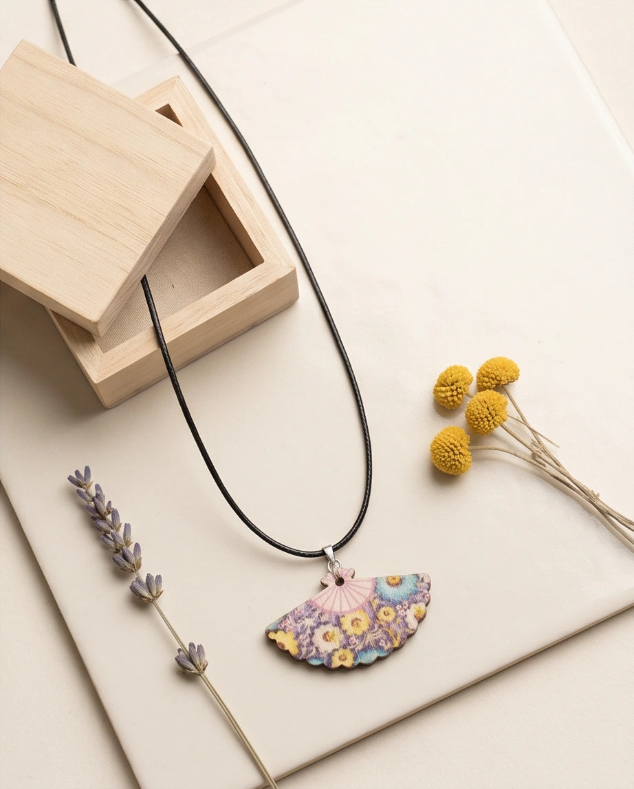 Vintage Blue & Yellow Floral Hand-Fan Pendant Necklace