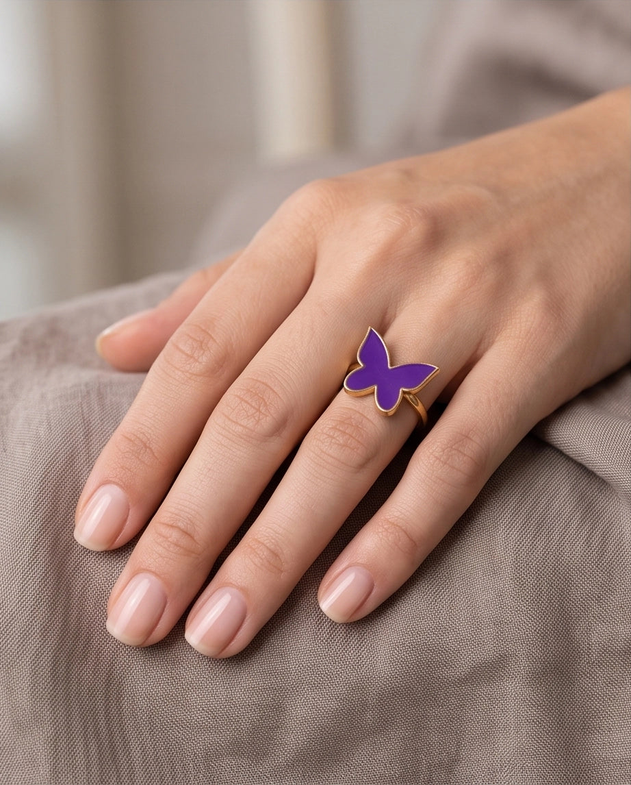 Gold Purple Butterfly Enamel Ring