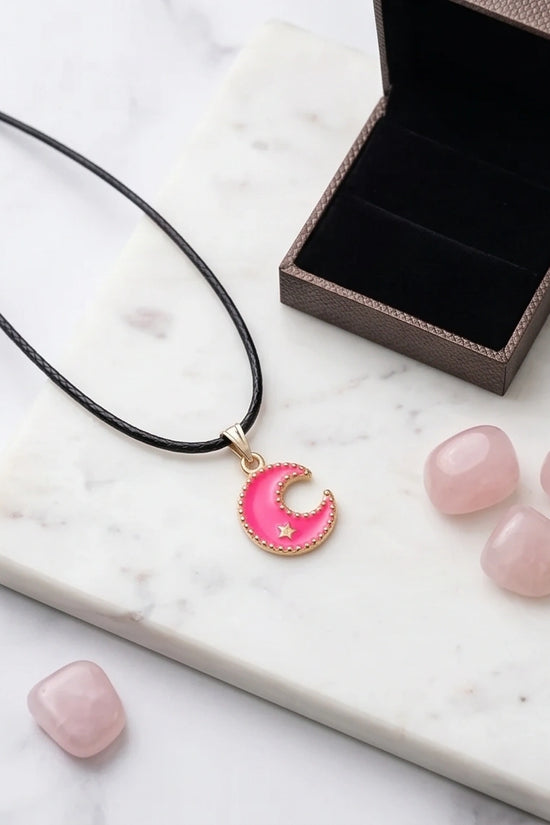Gold and Pink Celestial Crescent Moon Necklace