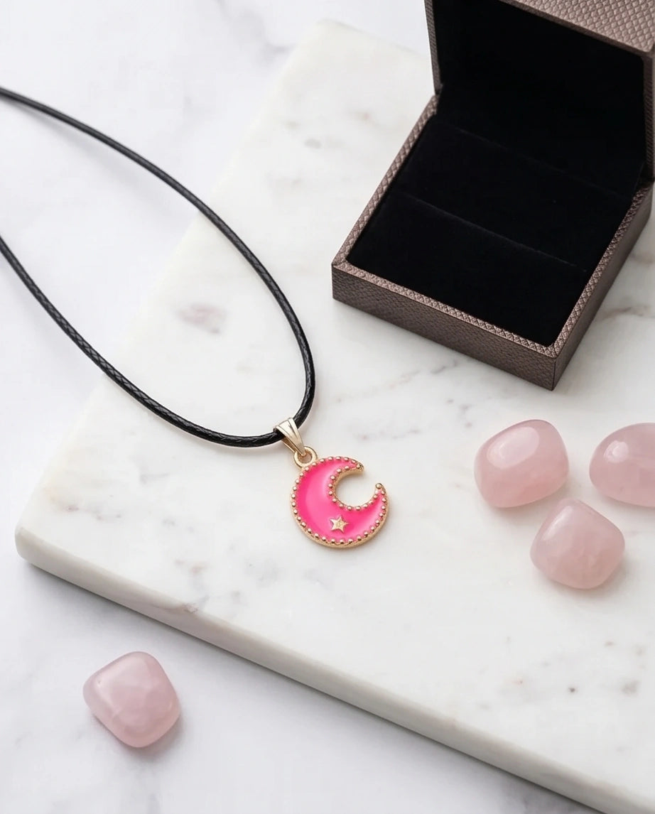 Gold and Pink Celestial Crescent Moon Necklace