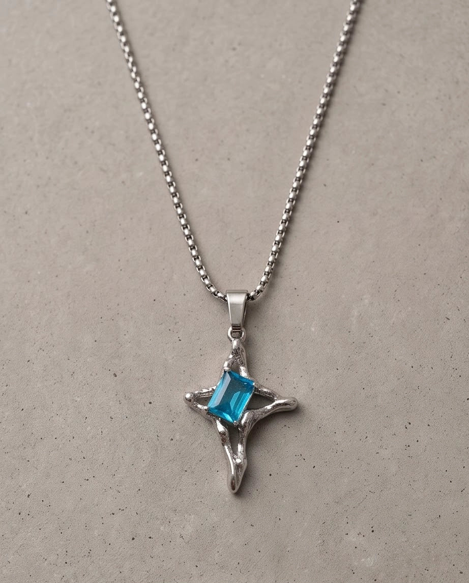 Silver Blue Gemstone Gothic Cross Pendant Necklace