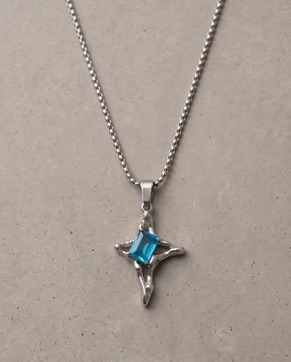 Silver Blue Gemstone Gothic Cross Pendant Necklace