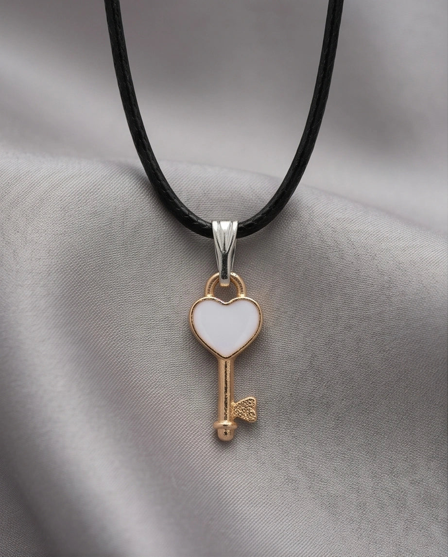 Gold and White Heart Key Pendant Necklace