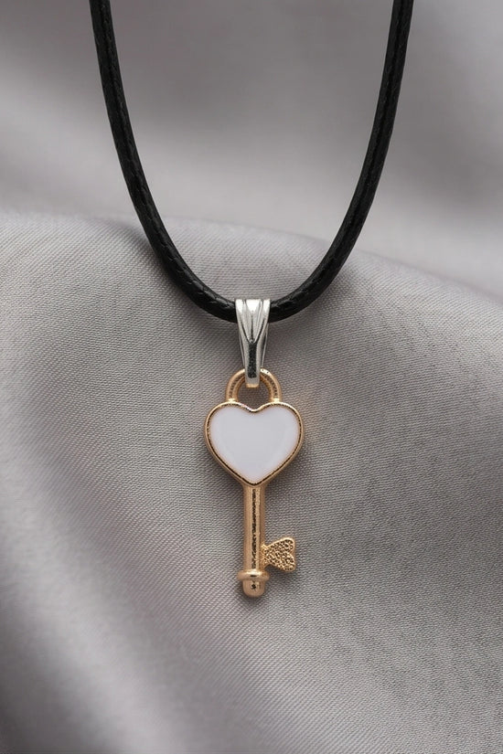 Gold and White Heart Key Pendant Necklace
