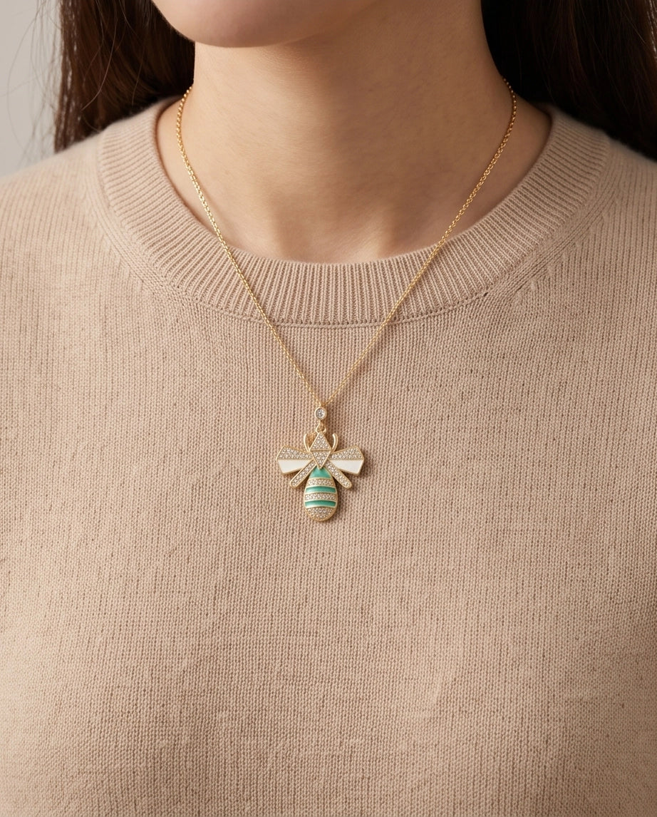 Gold Turquoise Enamel Bee Necklace