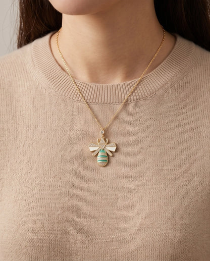 Gold Turquoise Enamel Bee Necklace