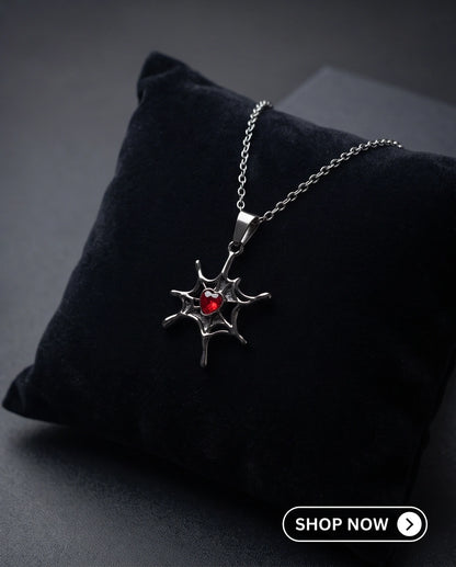 Black Spiderweb Red Heart Gem Pendant Necklace