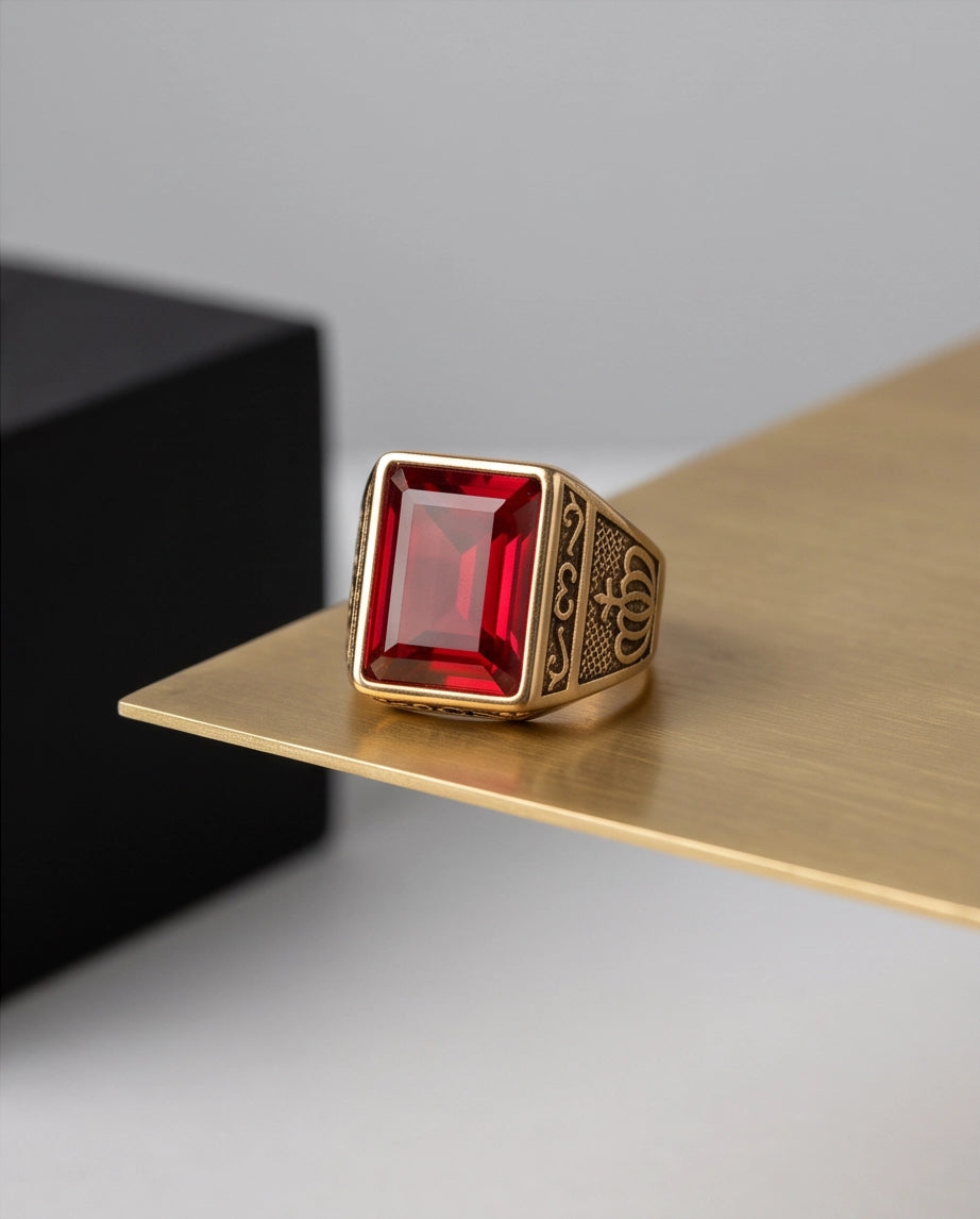 Crimson Ruby Emerald-Cut Gemstone Crown Motif Gold Ring
