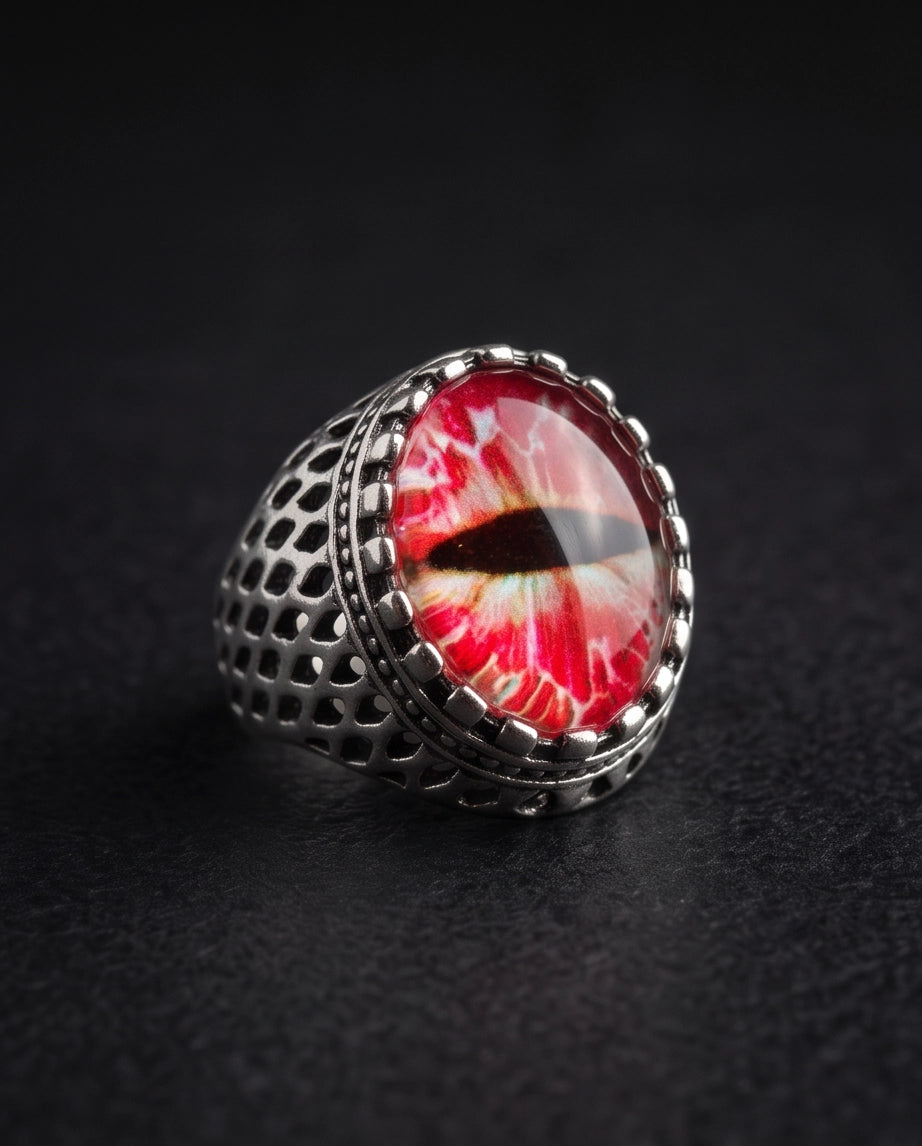 Crimson Lattice Slit-Pupil Silver Ring