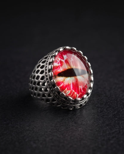 Crimson Lattice Slit-Pupil Silver Ring
