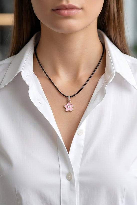 Dainty Pink Five-Petal Flower Enamel Pendant Necklace