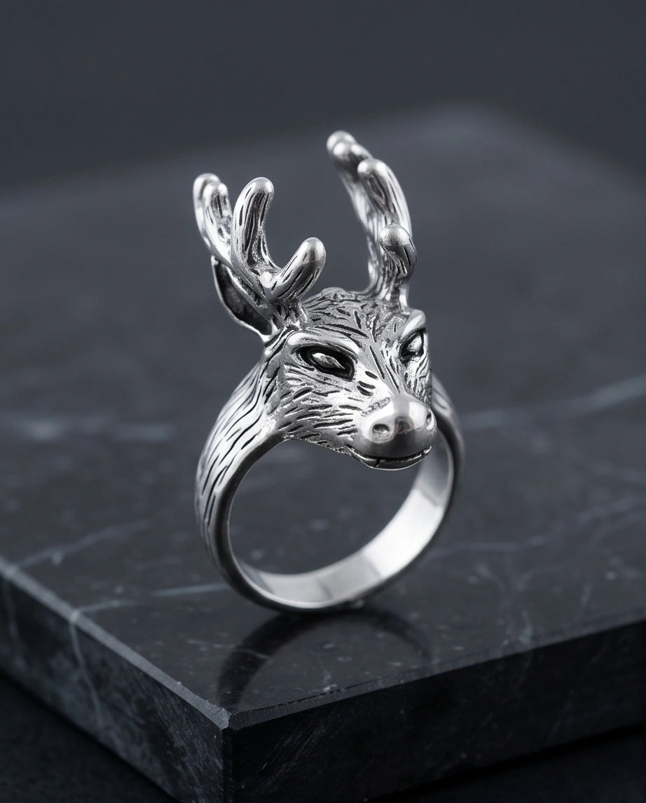 Vintage Silver Oxidized Stag Deer Antler Statement Ring