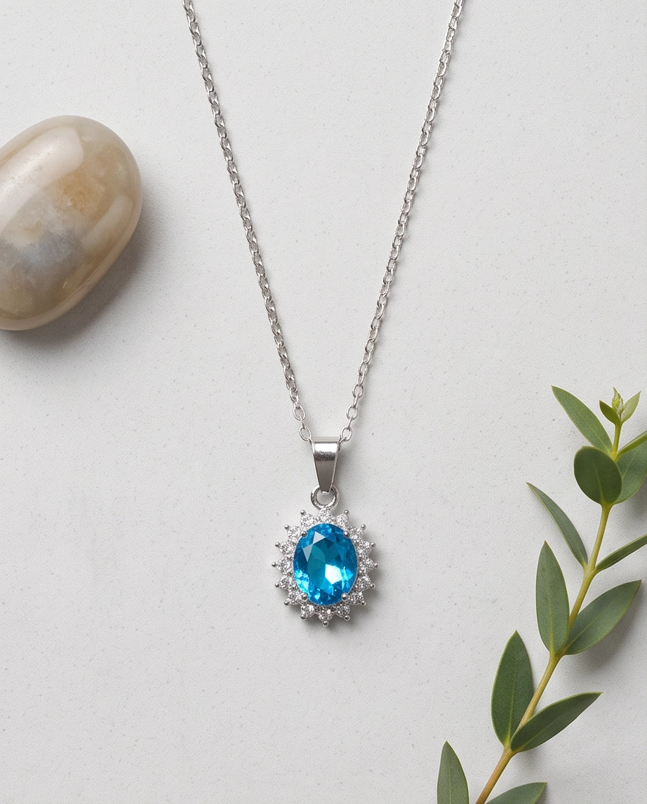 Silver Aquamarine Blue Oval Halo Medallion Pendant Necklace