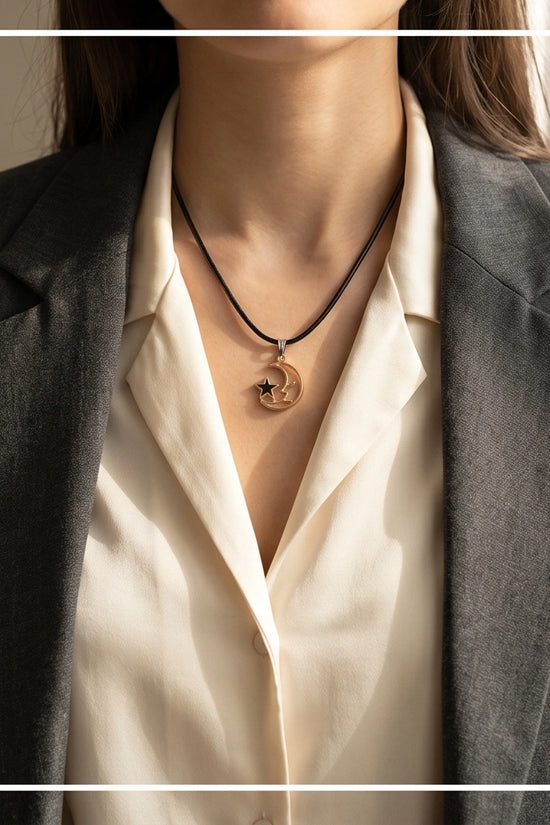 Gold Crescent Moon and Black Star Necklace