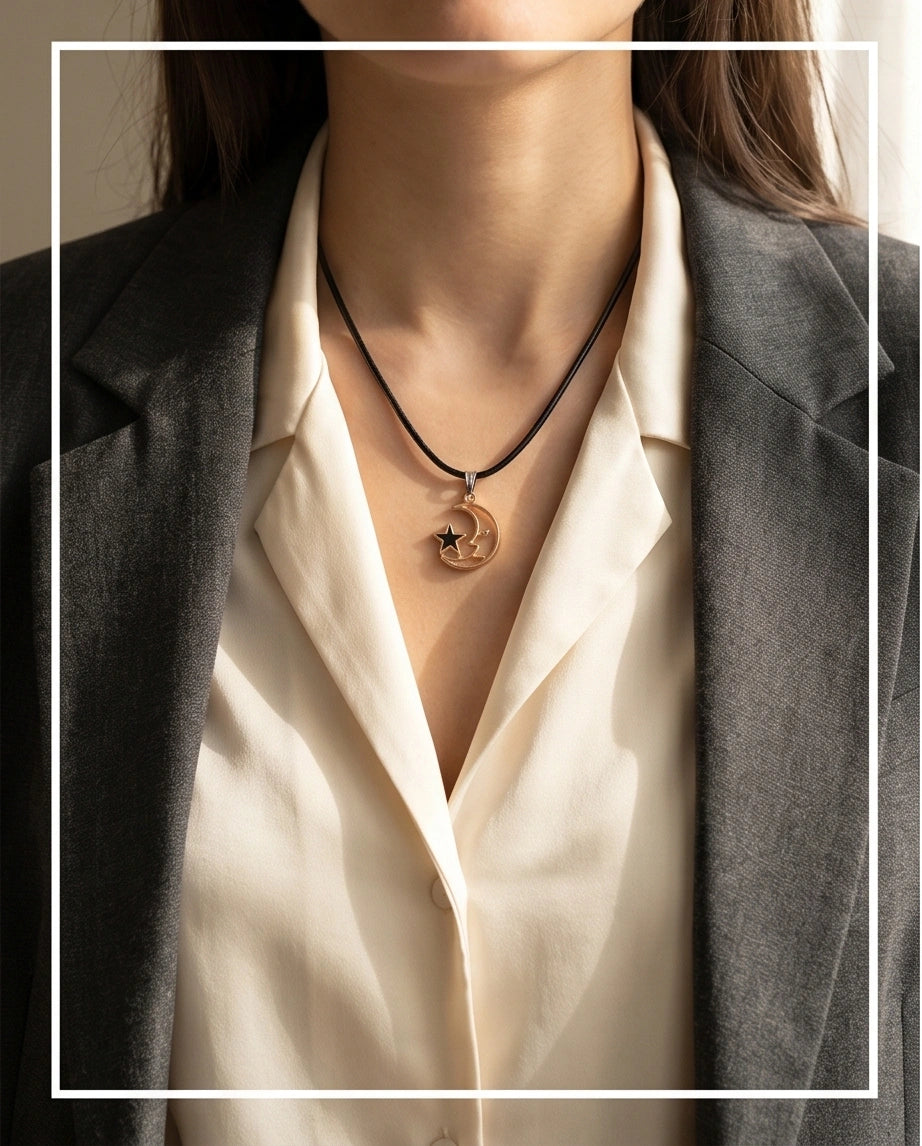 Gold Crescent Moon and Black Star Necklace