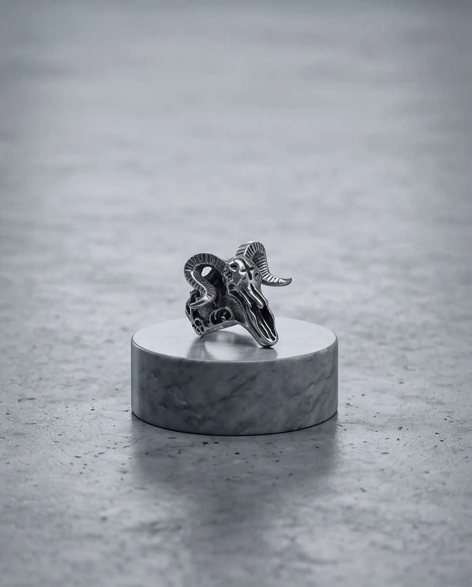 Oxidized Silver Ram Skull Sculpted Ring