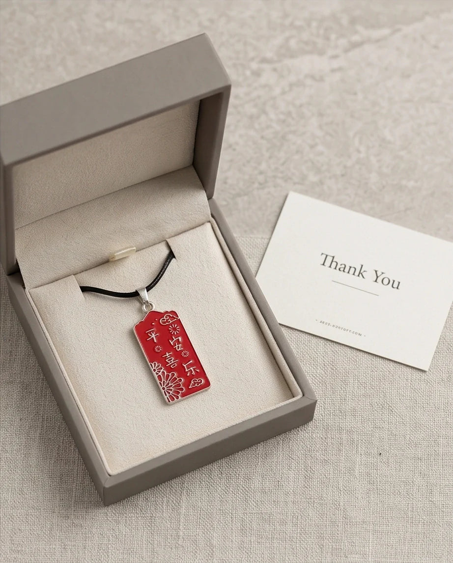 Traditional Red Rectangular "Ping An Xi Le" Blessings Pendant Necklace
