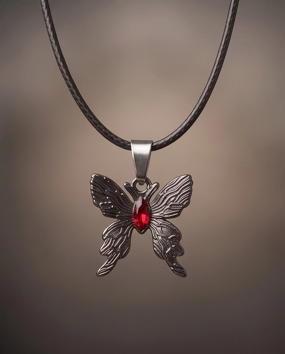 Black Textured Butterfly Red Gem Pendant Necklace