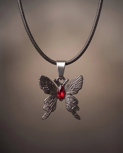 Black Textured Butterfly Red Gem Pendant Necklace