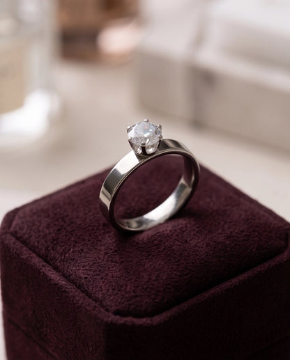 Silver Round Gemstone Crown Band Solitaire Ring