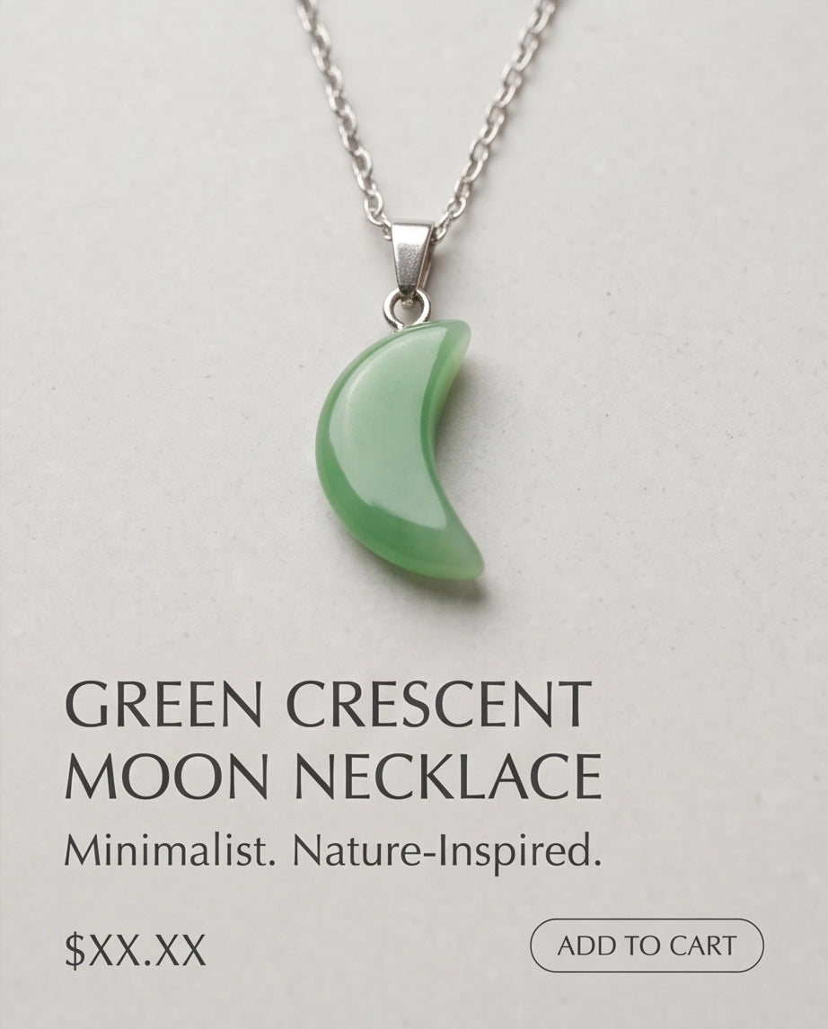 Silver Jade Green Crescent Moon Pendant Necklace