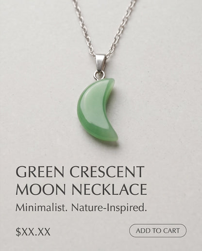 Silver Jade Green Crescent Moon Pendant Necklace