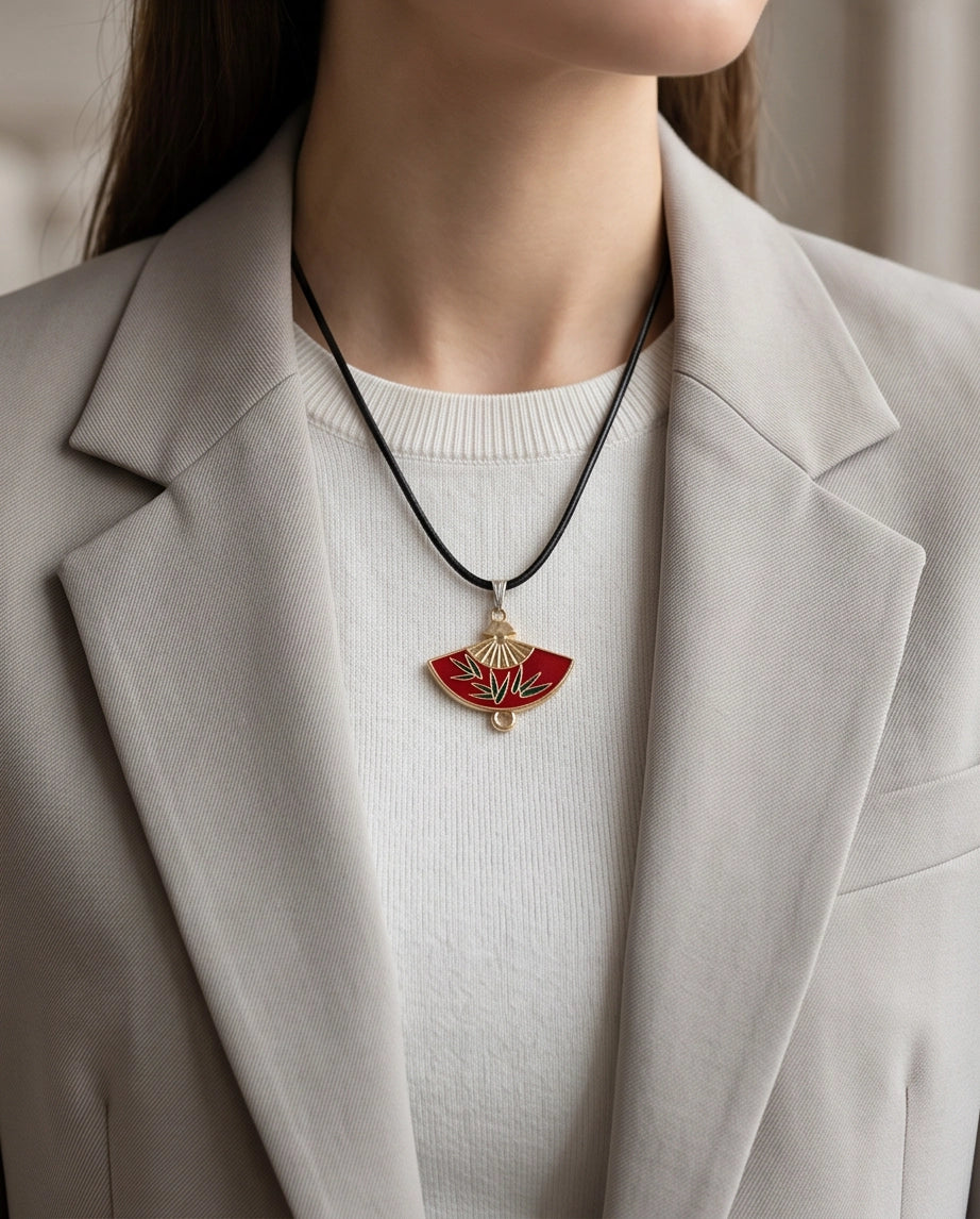 Crimson Bamboo Fan Pendant Necklace