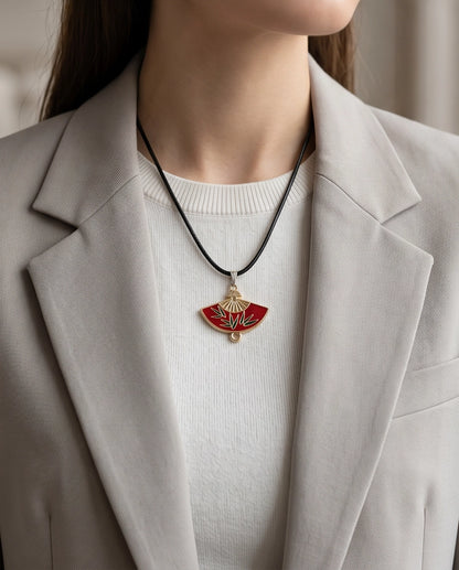 Crimson Bamboo Fan Pendant Necklace