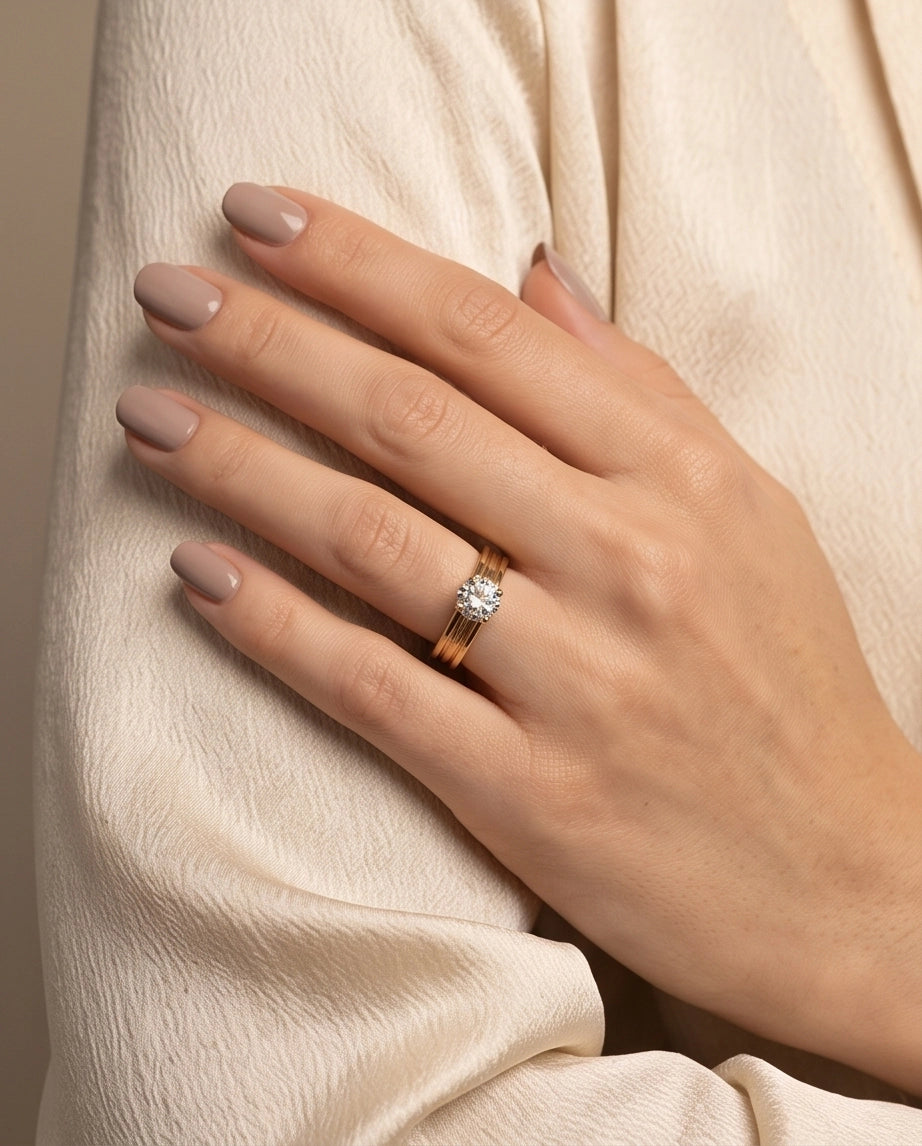 Gold Round Gemstone Grooved Solitaire Ring