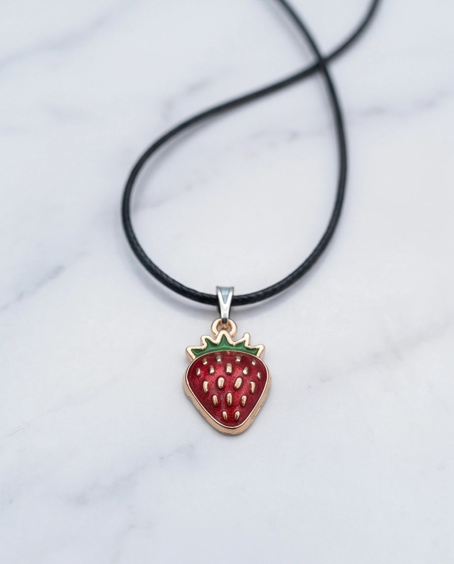 Gold and Red Strawberry Pendant Necklace