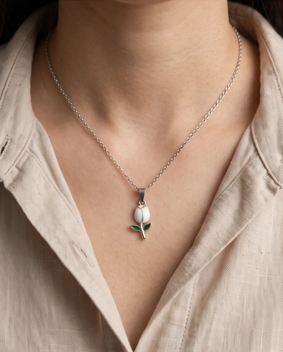 Silver White Enamel Tulip Pendant Necklace