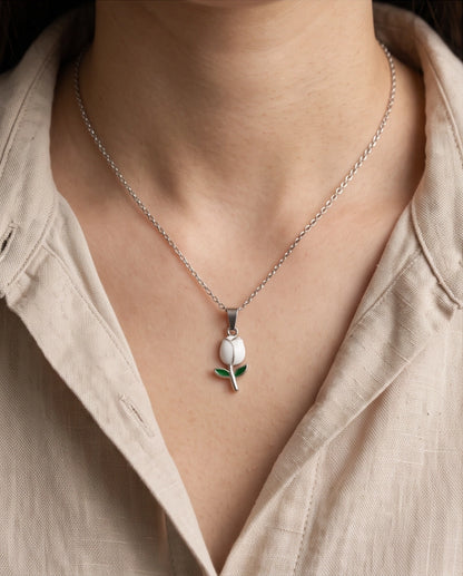 Silver White Enamel Tulip Pendant Necklace