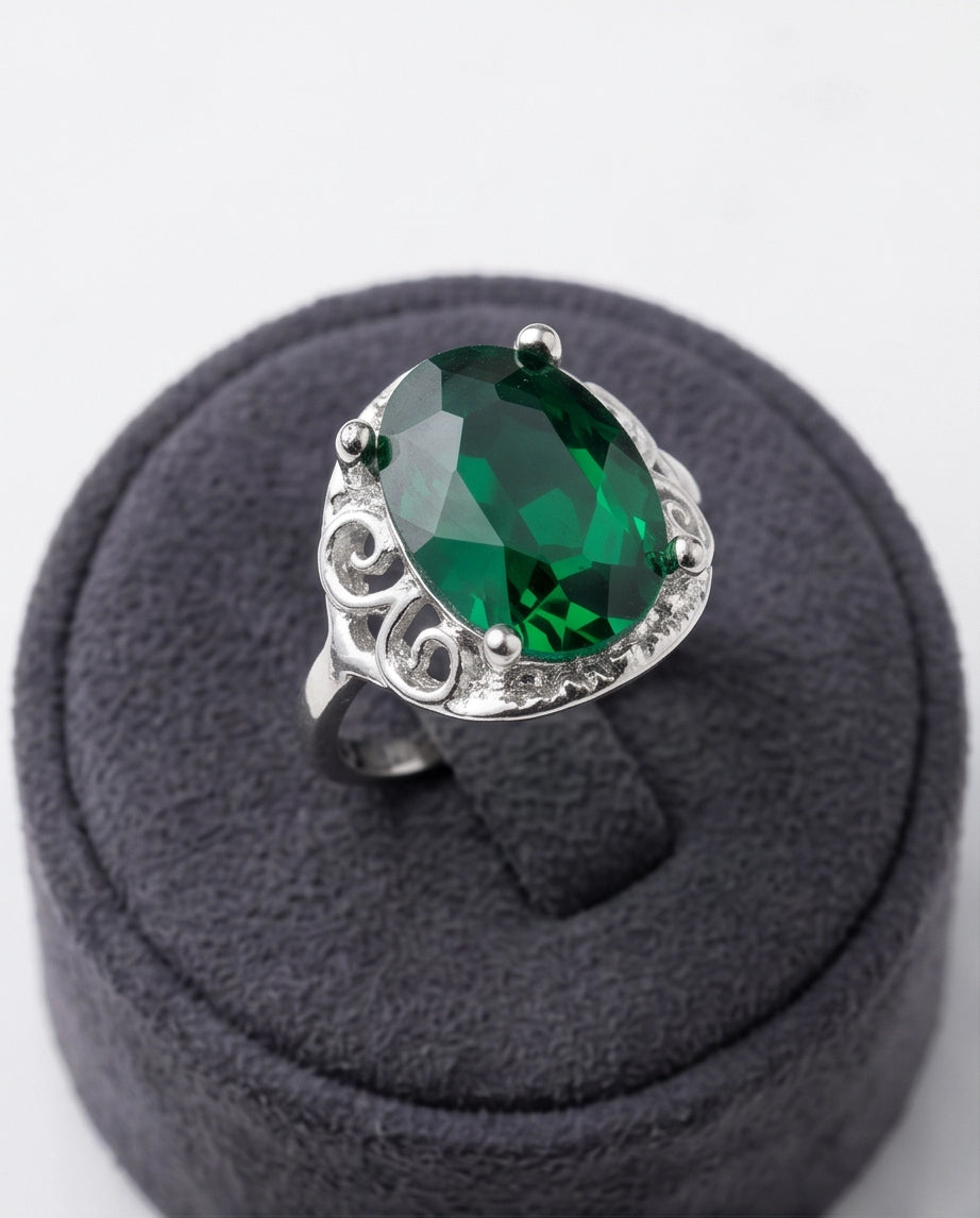 Silver Oval Emerald Gemstone Filigree Solitaire Ring