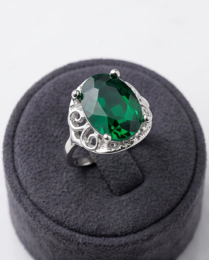 Silver Oval Emerald Gemstone Filigree Solitaire Ring