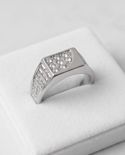 Pavé Crystal Cluster Inlay Brick-Link Band Silver Ring