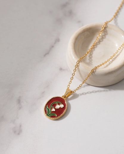 Gold Red Lily of the Valley Enamel Medallion Chain Necklace