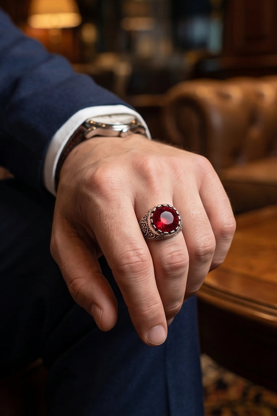 Crimson Monarch Silver Signet Ring
